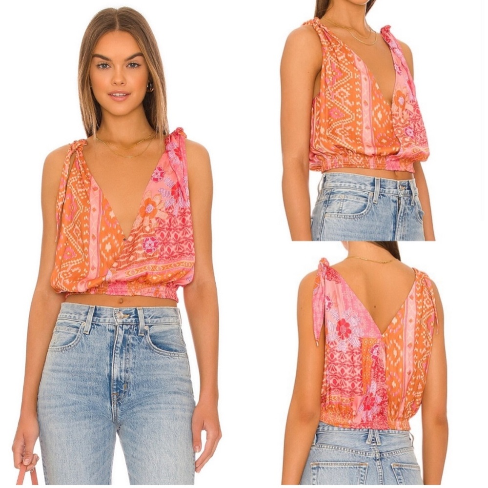 NWT Free People Tied To You Printed Tank Top in Lemonade Combo